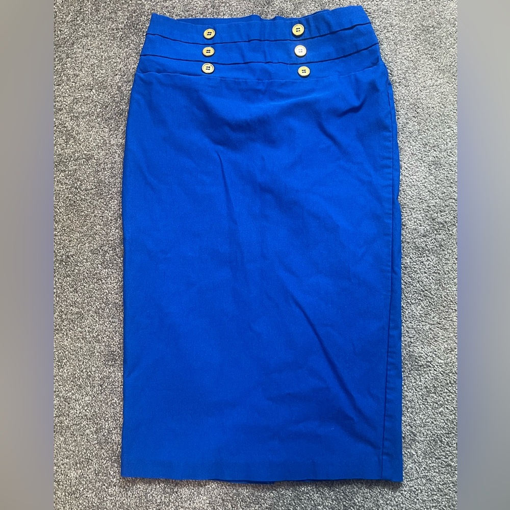 High-Waist Stretch Blue Pencil Skirt with Button Detail